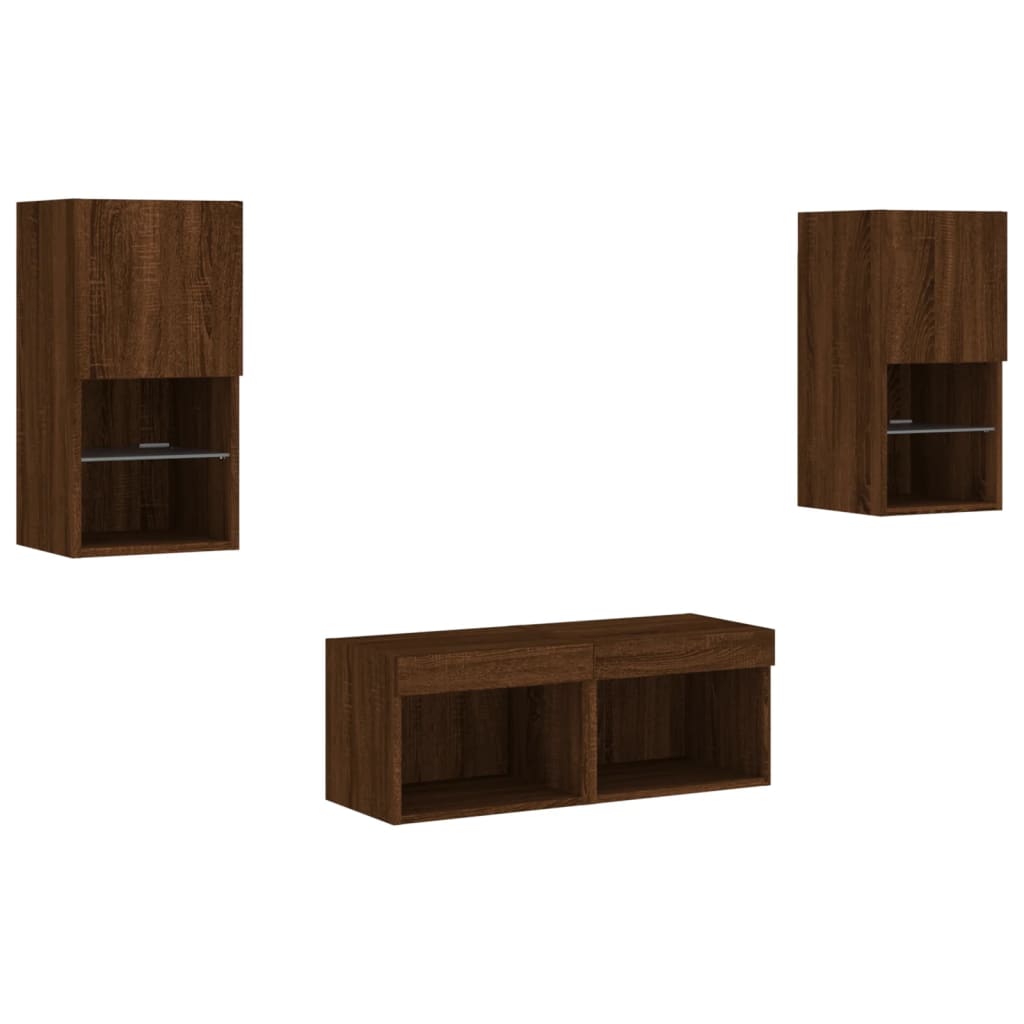 vidaXL 4 Piece TV Wall Cabinets with LED Lights Brown Oak