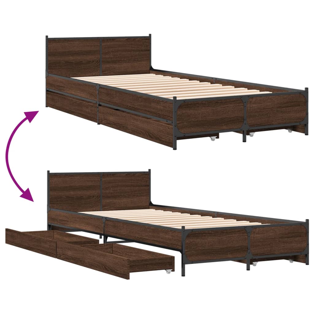 vidaXL Bed Frame with Drawers without Mattress Brown Oak 100x200 cm