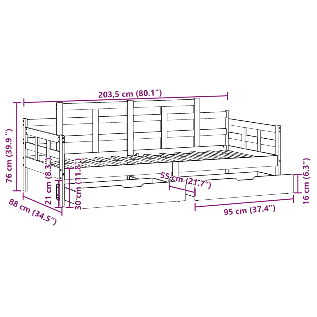 vidaXL Daybed with Drawers without Mattress 80x200 cm Solid Wood