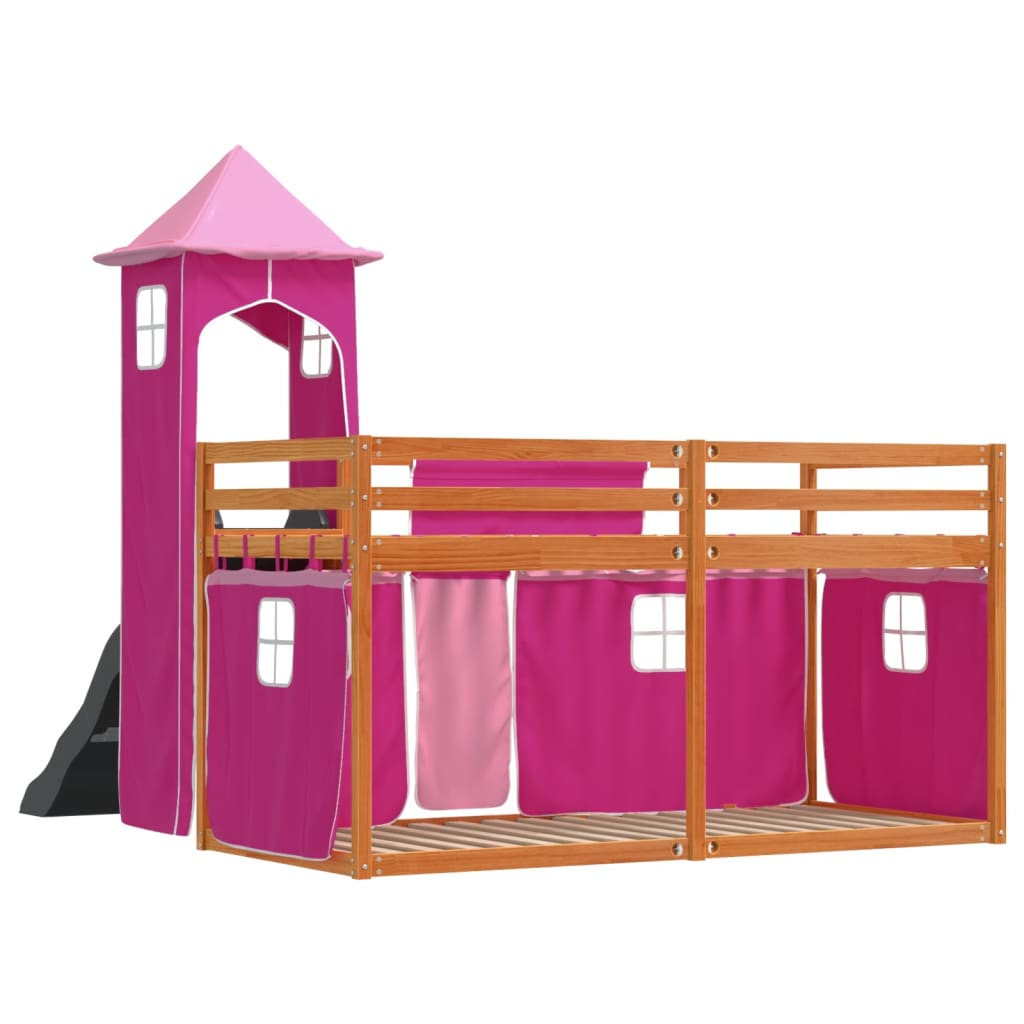 vidaXL Bunk Bed without Mattress with Slide and Curtains Pink 80x200 cm