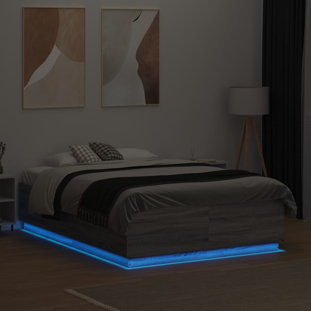 vidaXL Bed Frame with LED Lights Grey Sonoma 140x190 cm Engineered Wood