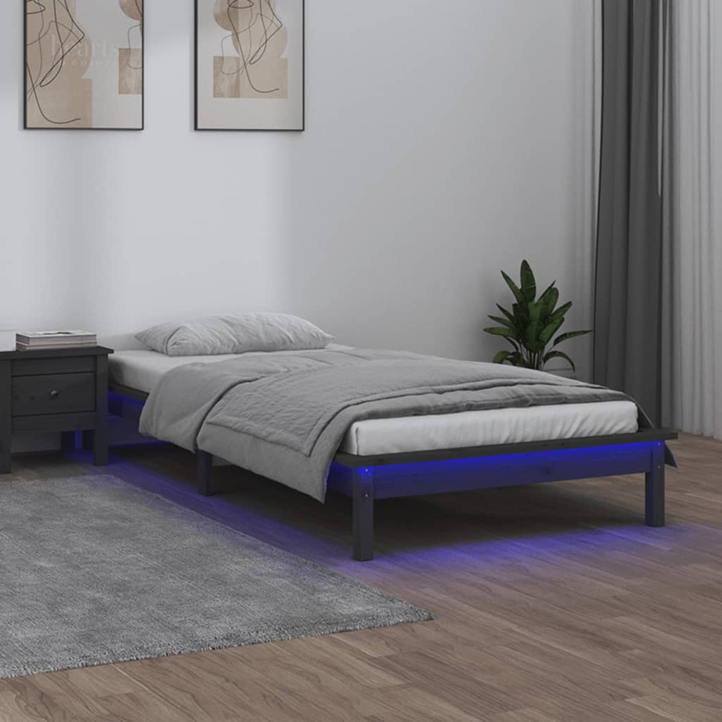 vidaXL LED Bed Frame without Mattress Grey 75x190 cm Small Single Solid Wood