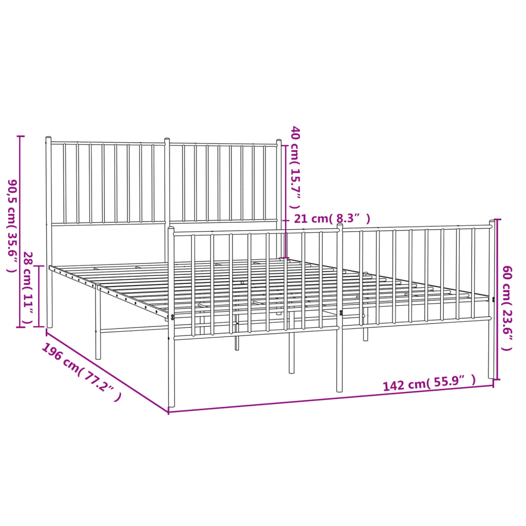 vidaXL Metal Bed Frame without Mattress with Footboard Black 135x190 cm Double