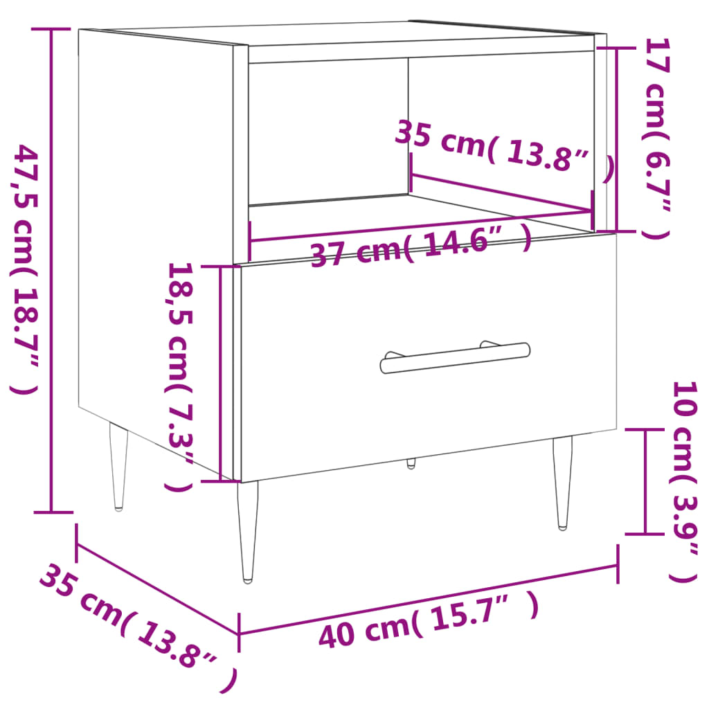 vidaXL Bedside Cabinet White 40x35x47.5 cm Engineered Wood