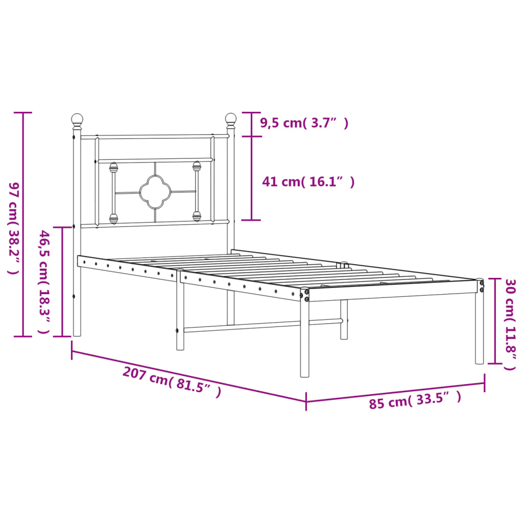 vidaXL Metal Bed Frame without Mattress with Headboard Black 80x200 cm