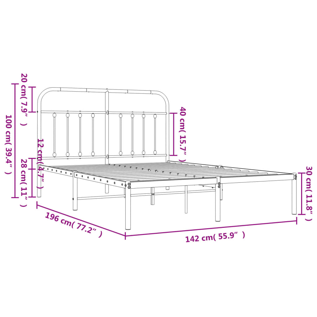 vidaXL Metal Bed Frame without Mattress with Headboard Black 135x190 cm Double