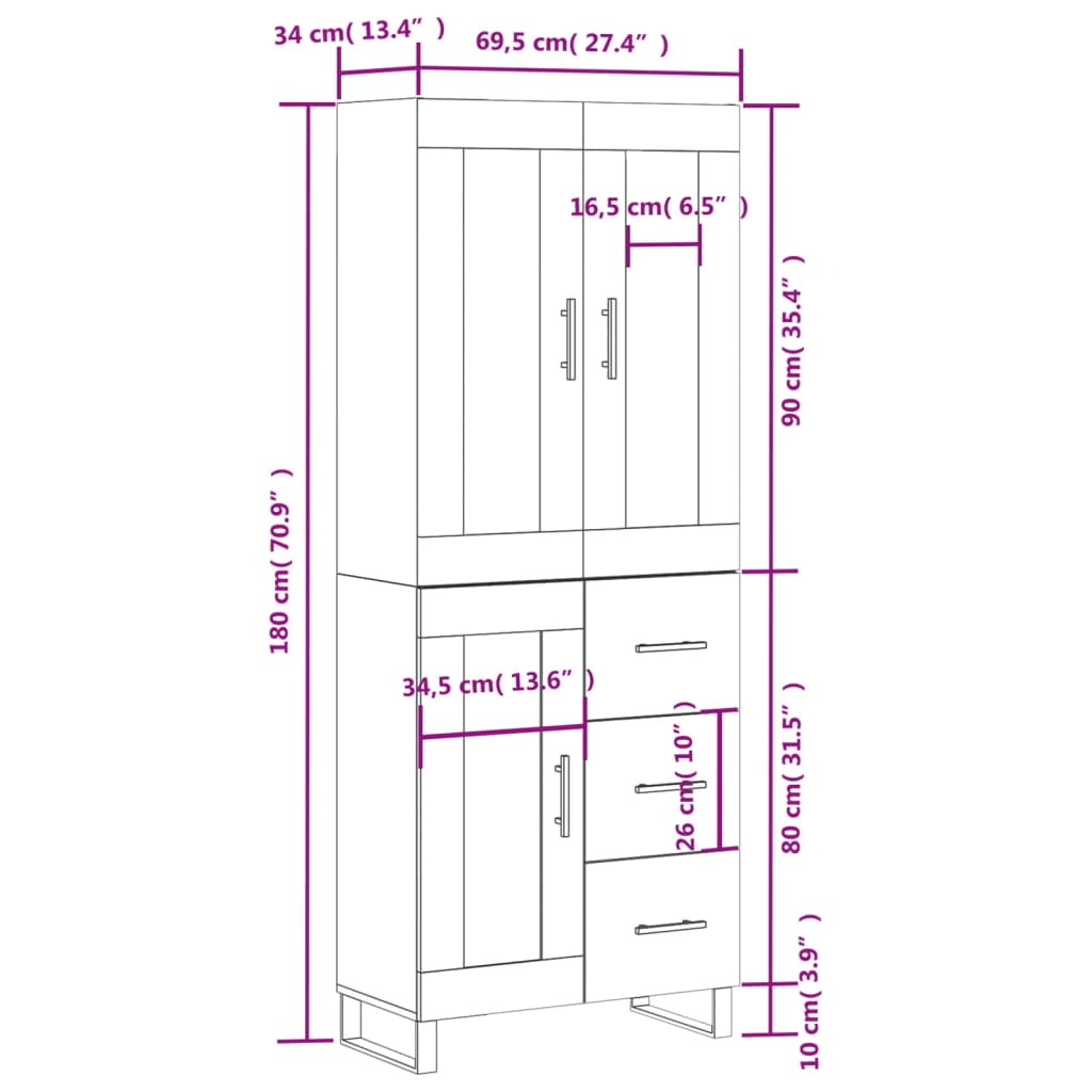 vidaXL Highboard Brown Oak 69.5x34x180 cm Engineered Wood