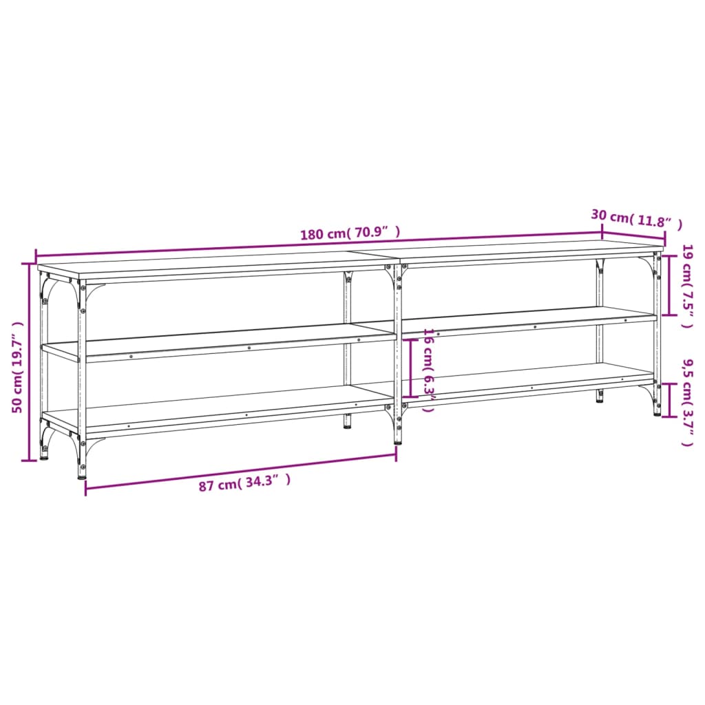 vidaXL TV Cabinet Smoked Oak 180x30x50 cm Engineered Wood and Metal