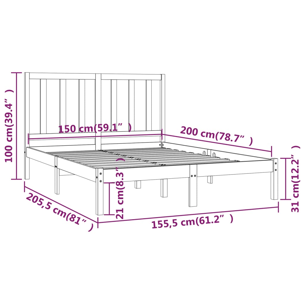 vidaXL Bed Frame without Mattress Black Solid Wood Pine 150x200 cm King Size