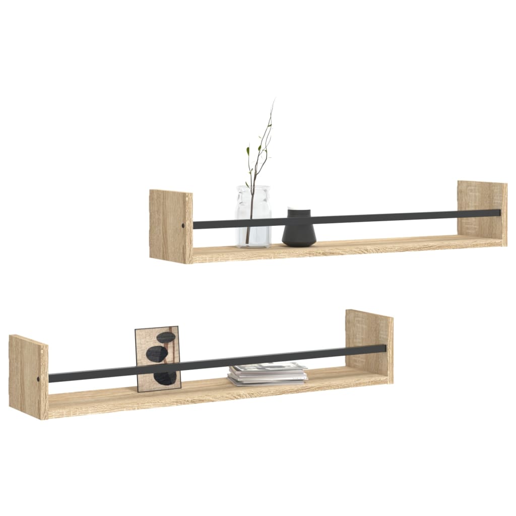 vidaXL Wall Shelves with Bars 2 pcs Sonoma Oak 80x16x14 cm