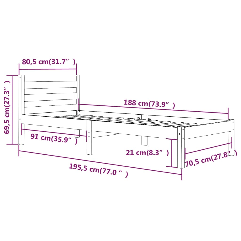 vidaXL Bed Frame without Mattress 75x190 cm Small Single