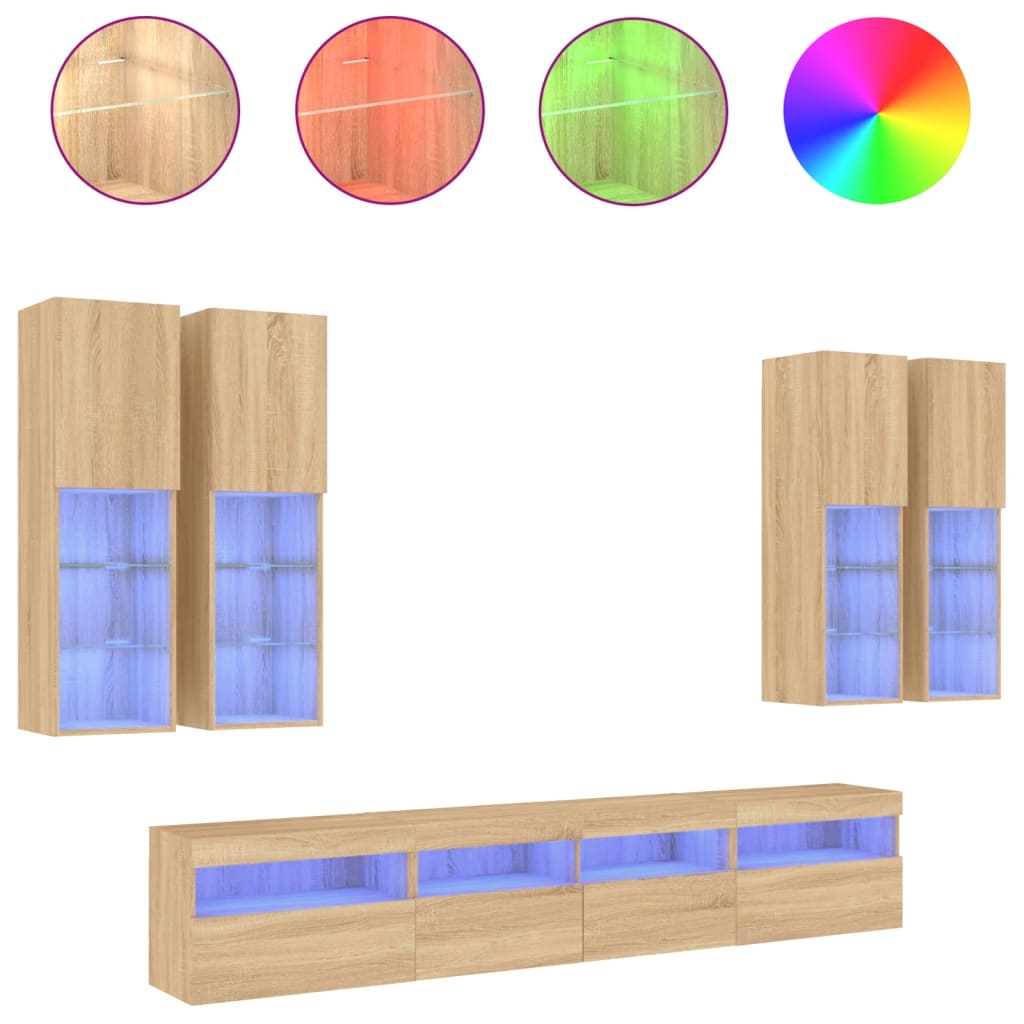 vidaXL 7 Piece TV Wall Cabinet Set with LED Lights Sonoma Oak