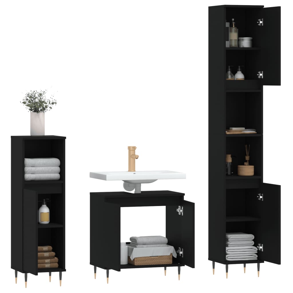 vidaXL 3 Piece Bathroom Cabinet Set Black Engineered Wood