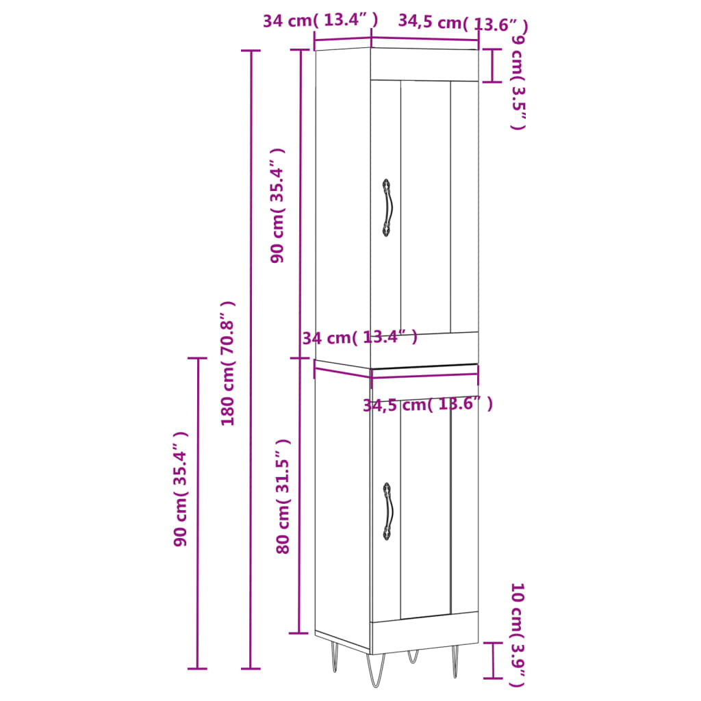 vidaXL Highboard Sonoma Oak 34.5x34x180 cm Engineered Wood