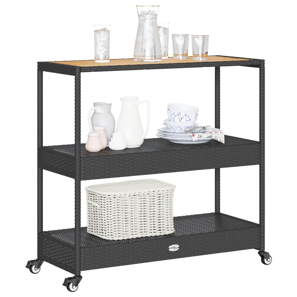 vidaXL Bar Cart 3-Tier Black Poly Rattan and Solid Wood Acacia