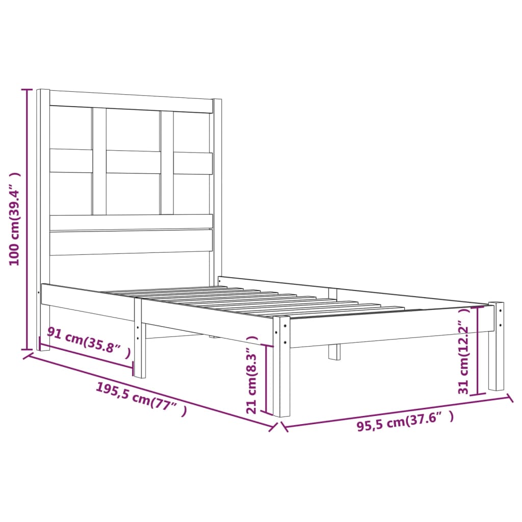 vidaXL Bed Frame without Mattress Black 90x190 cm Single Solid Wood Pine