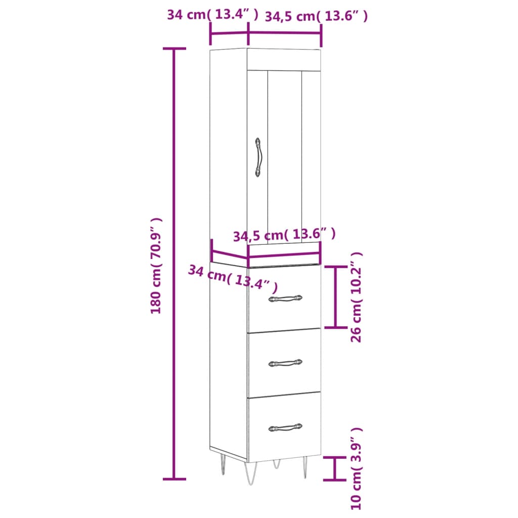 vidaXL Highboard Black 34.5x34x180 cm Engineered Wood