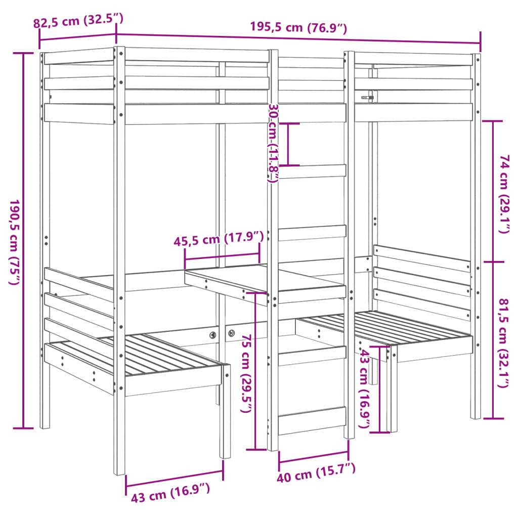 vidaXL Loft Bed Frame with Desk and Chairs White 75x190cm Solid Wood Pine