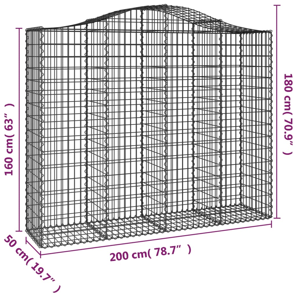 vidaXL Arched Gabion Basket 200x50x160/180 cm Galvanised Iron