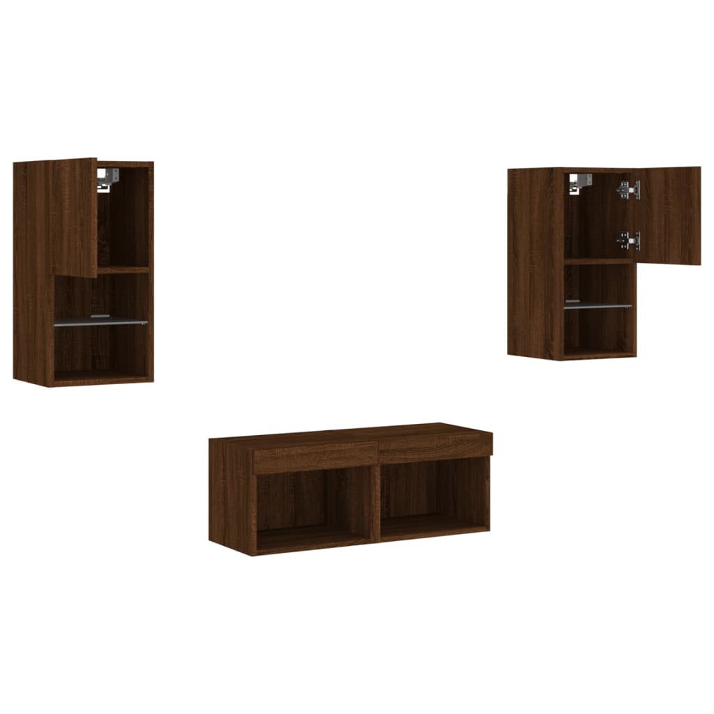 vidaXL 4 Piece TV Wall Cabinets with LED Lights Brown Oak