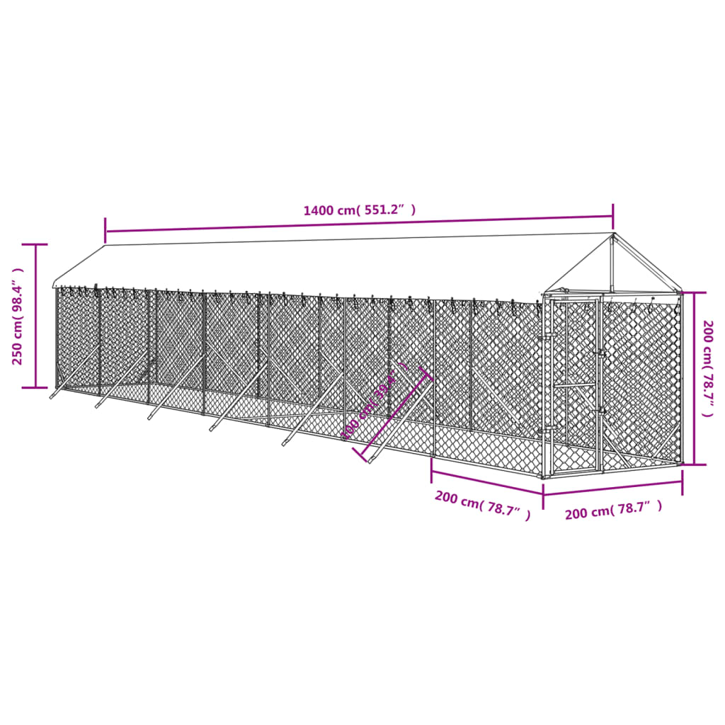 vidaXL Outdoor Dog Kennel with Roof Silver 2x14x2.5 m Galvanised Steel