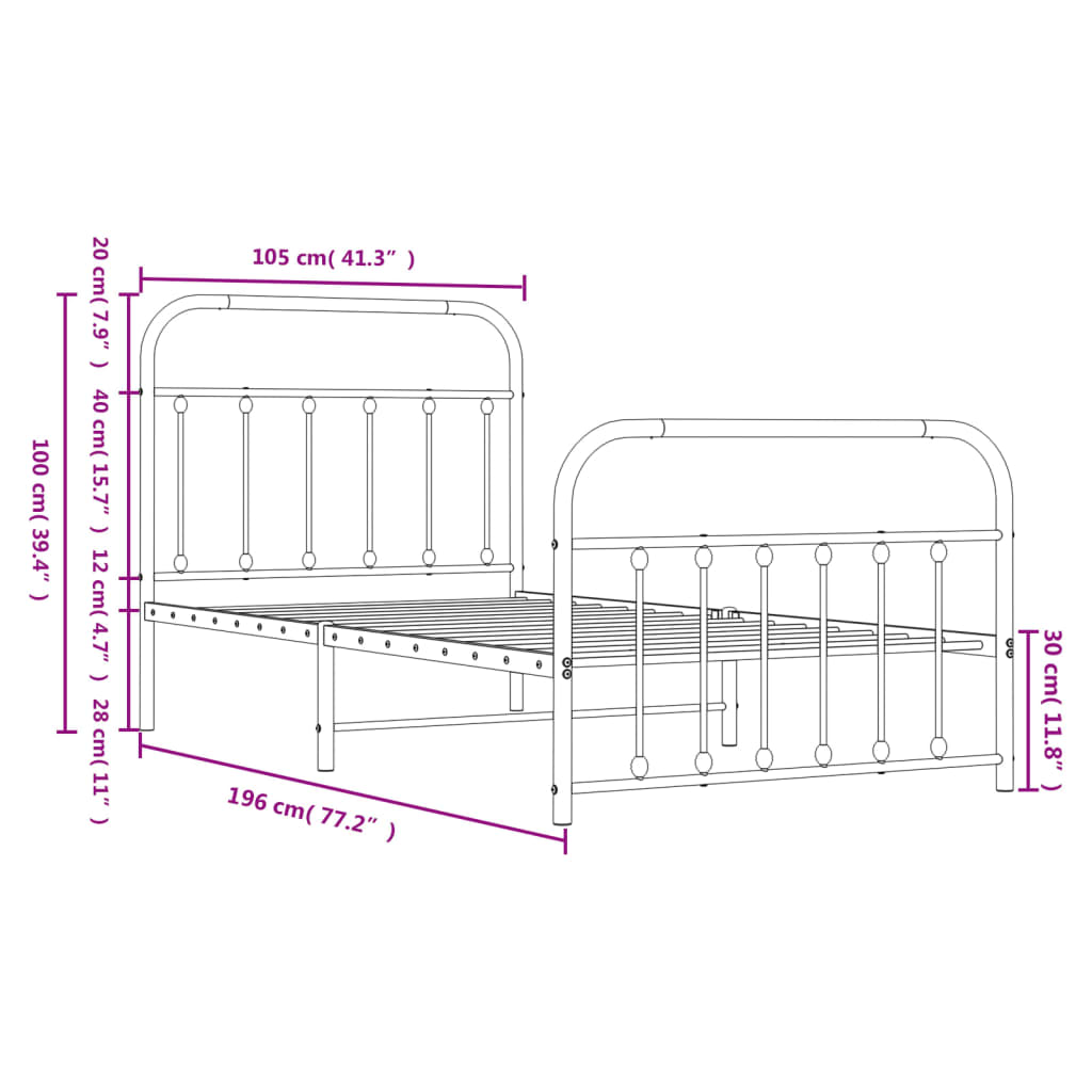 vidaXL Metal Bed Frame without Mattress with Footboard Black 100x190 cm