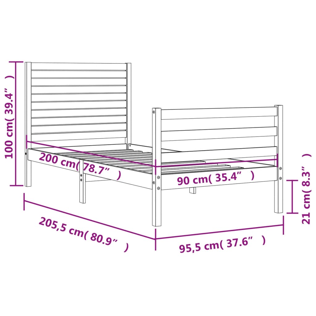 vidaXL Bed Frame without Mattress Black 90x200 cm Solid Wood