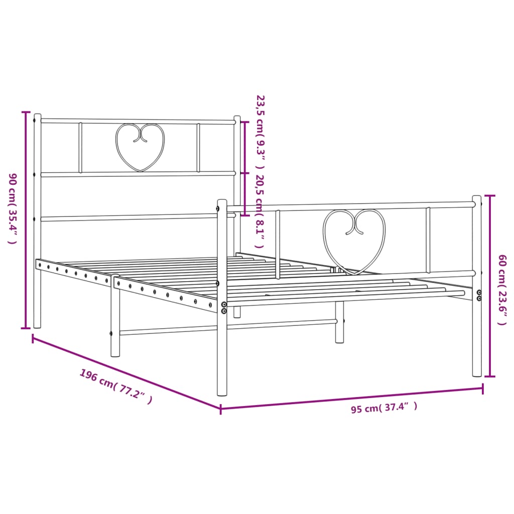 vidaXL Metal Bed Frame without Mattress with Footboard Black 90x190 cm Single