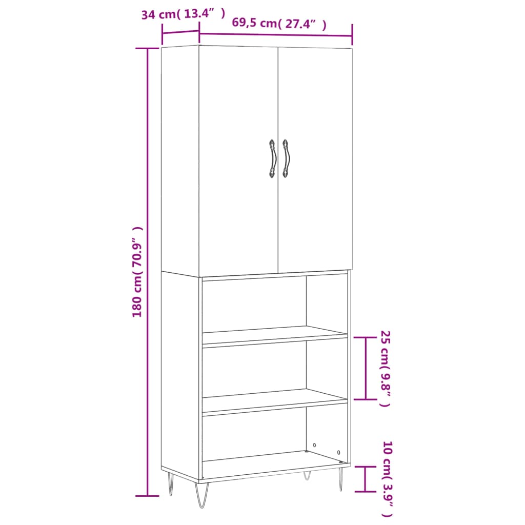 vidaXL Highboard High Gloss White 69.5x34x180 cm Engineered Wood