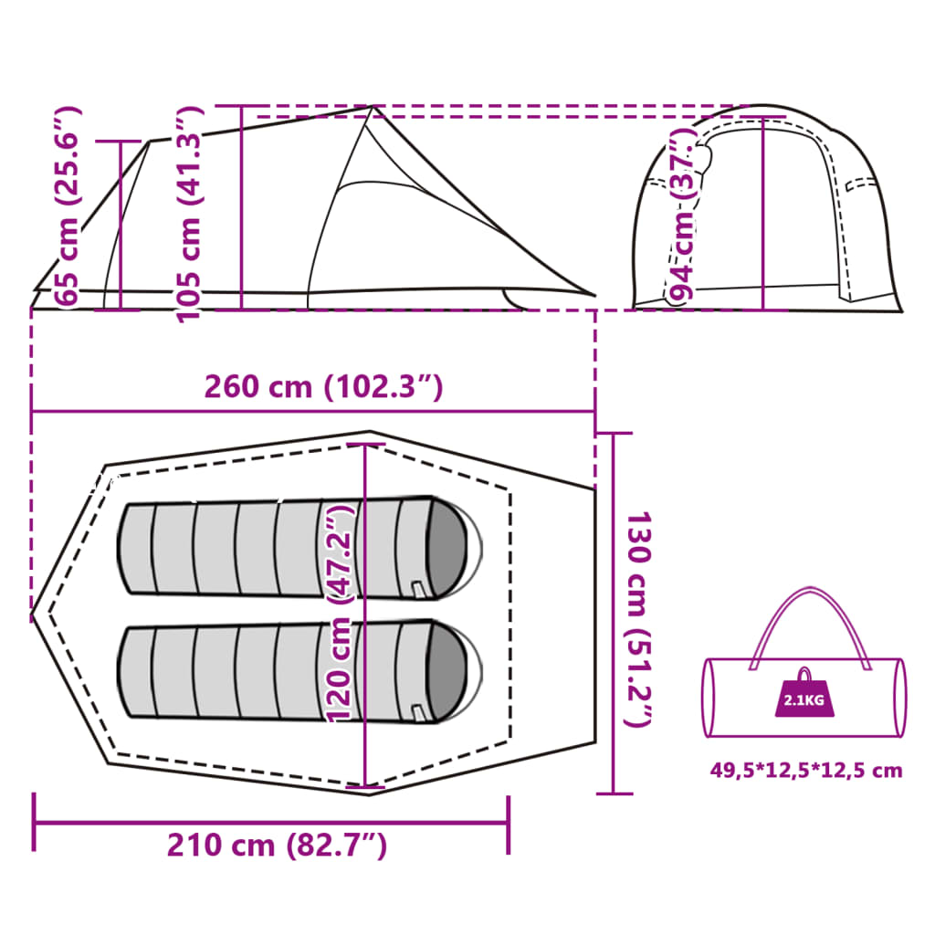 vidaXL Camping Tent Tunnel 2-Person Green Waterproof