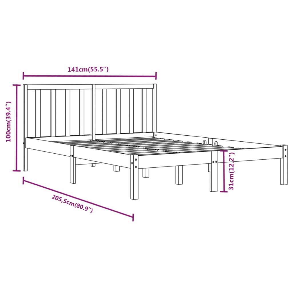 vidaXL Bed Frame without Mattress Black Solid Wood Pine 135x190 cm Double