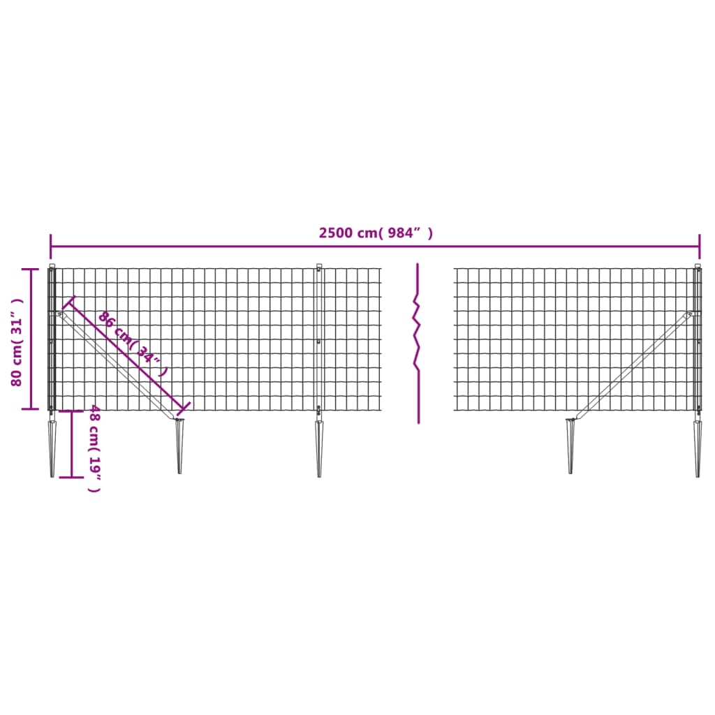 vidaXL Wire Mesh Fence with Spike Anchors Anthracite 0.8x25 m