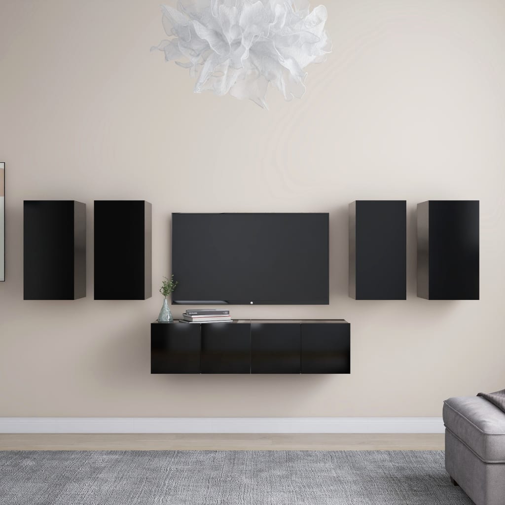 vidaXL 6 Piece TV Cabinet Set Black Engineered Wood