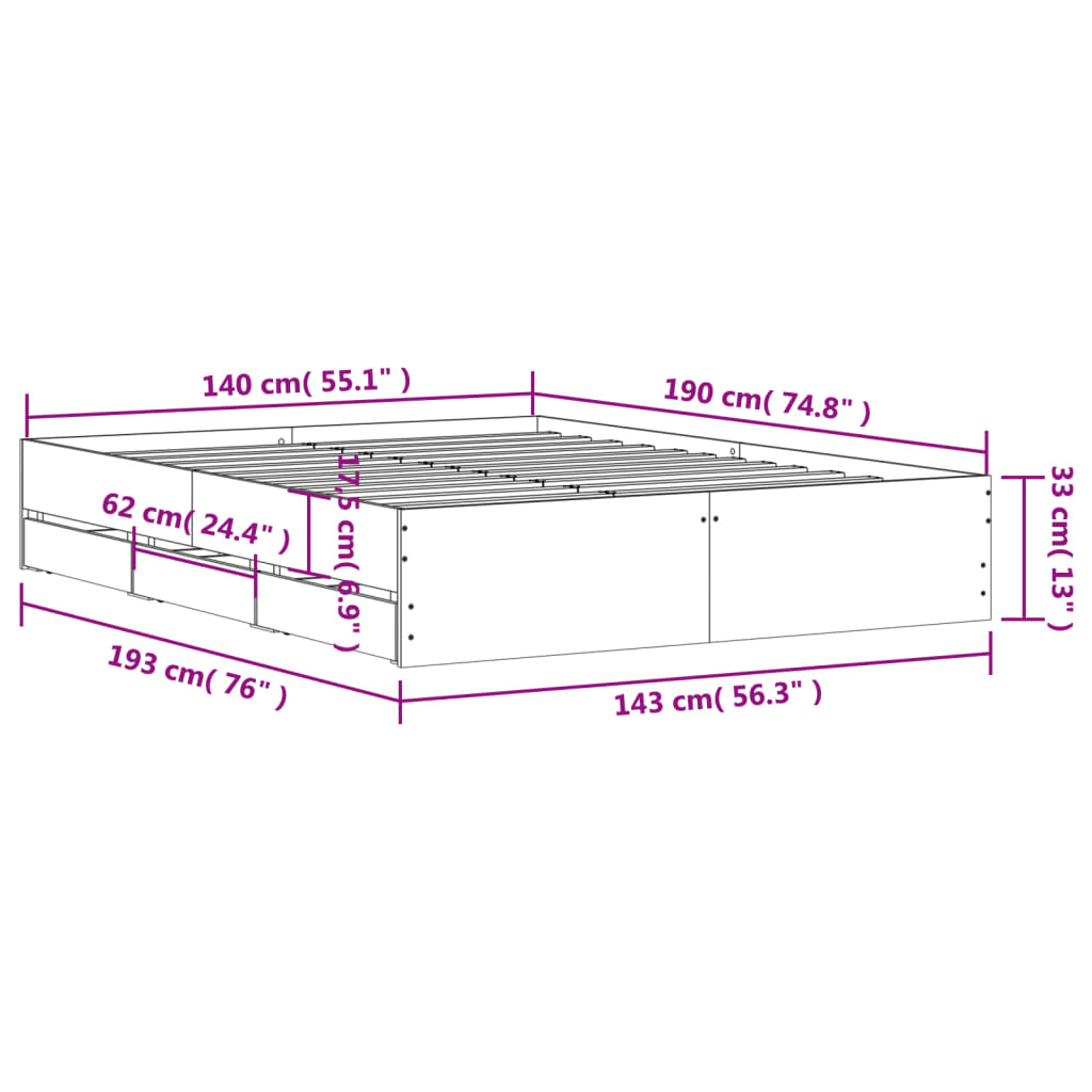 vidaXL Bed Frame with Drawers without Mattress Grey Sonoma 140x190 cm