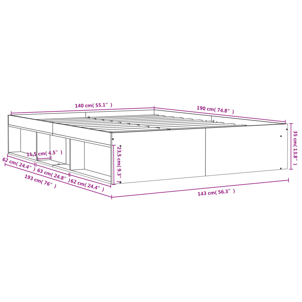 vidaXL Bed Frame without Mattress Concrete Grey 140x190 cm