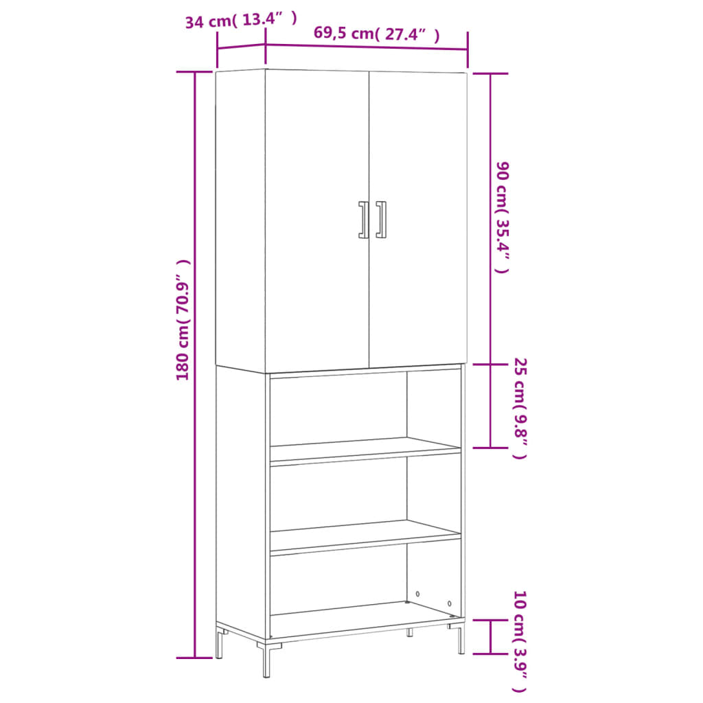 vidaXL Highboard Concrete Grey 69.5x34x180 cm Engineered Wood