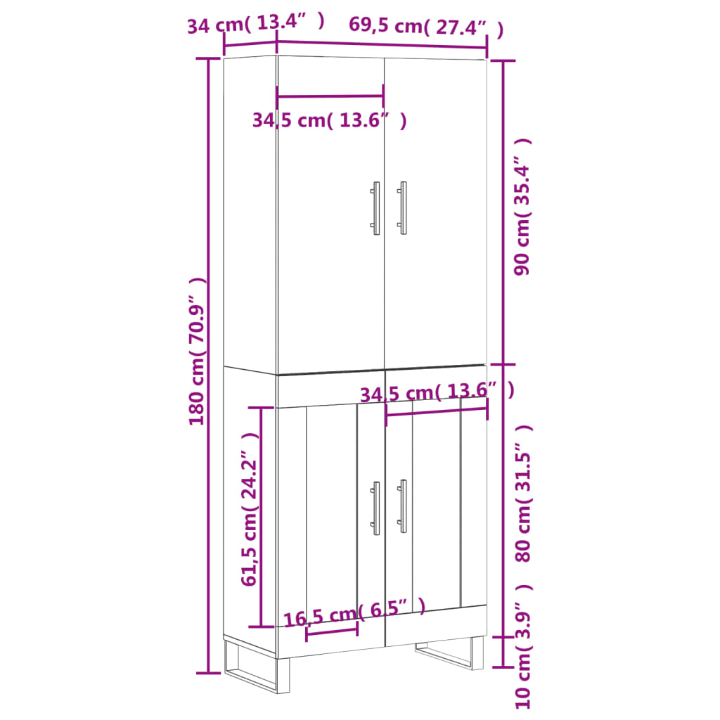 vidaXL Highboard White 69.5x34x180 cm Engineered Wood