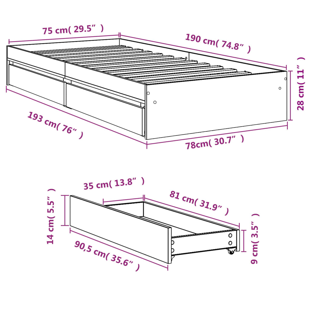 vidaXL Bed Frame with Drawers without Mattress Smoked Oak 75x190 cm Small Single