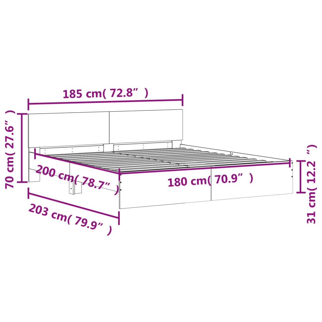 vidaXL Bed Frame with LED without Mattress Grey Sonoma 180x200 cm Super King