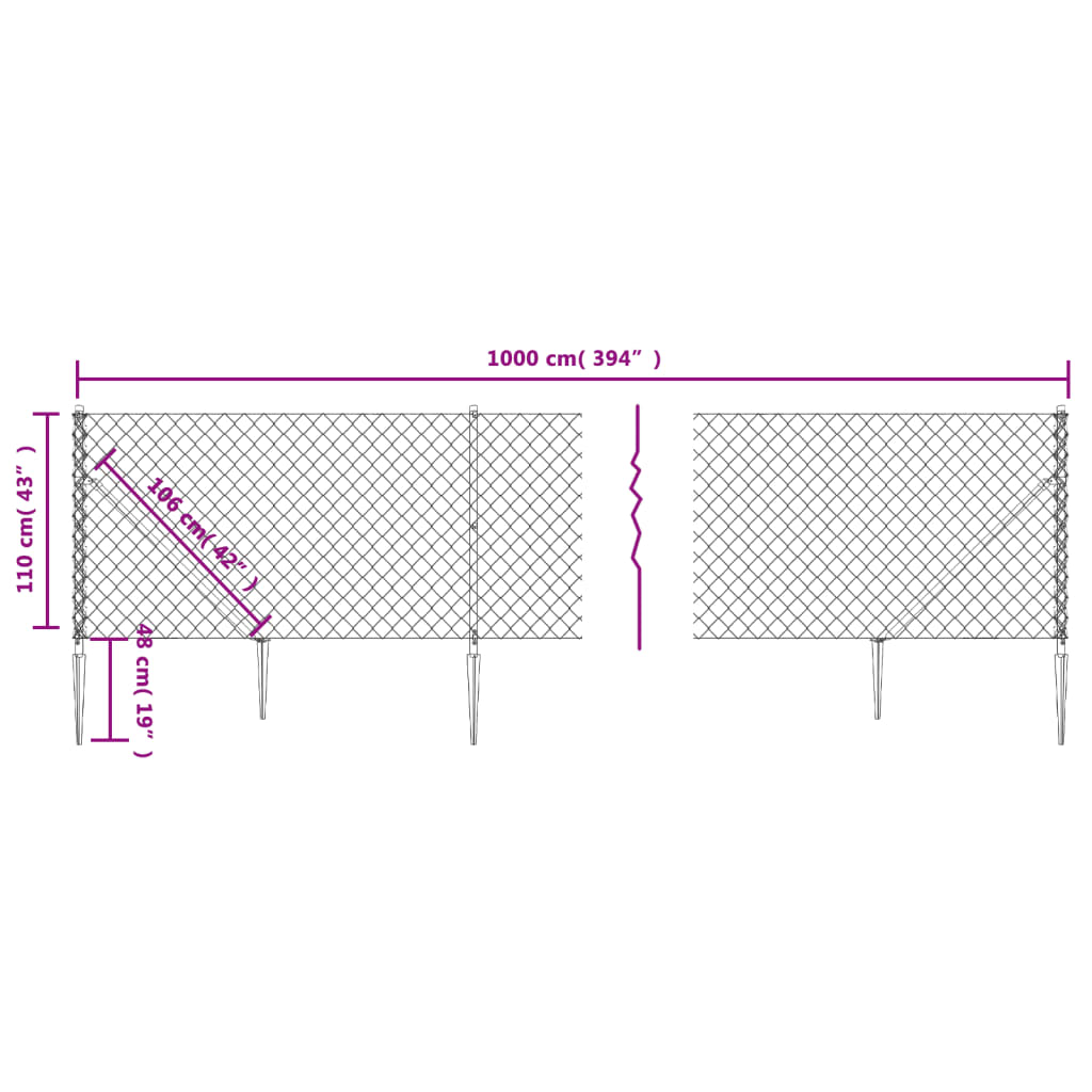 vidaXL Chain Link Fence with Spike Anchors Anthracite 1.1x10 m