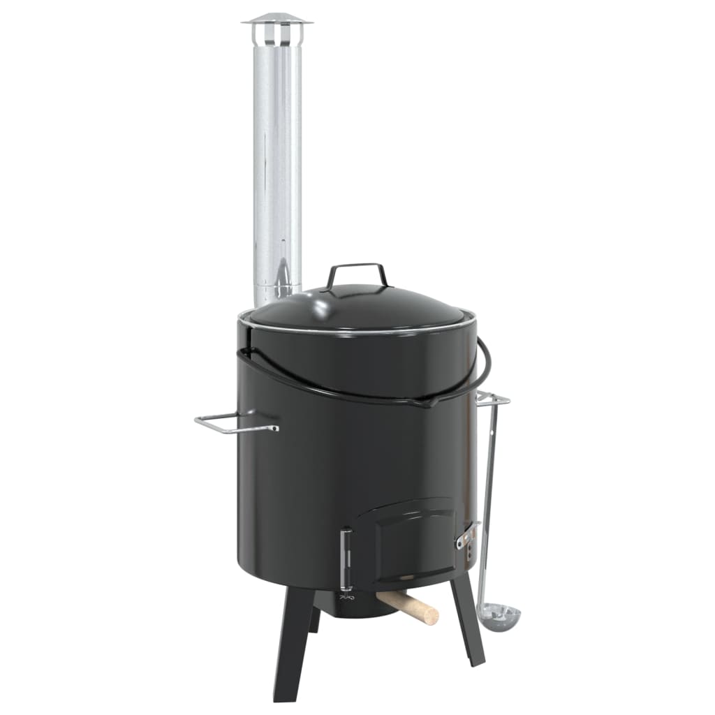 vidaXL Goulash Cannon with Chimney and Lid Black Enamelled Steel