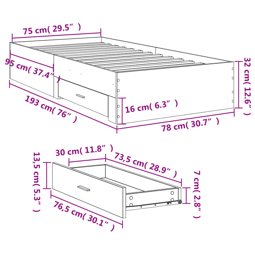 vidaXL Bed Frame with Drawers without Mattress Black 75x190 cm Small Single