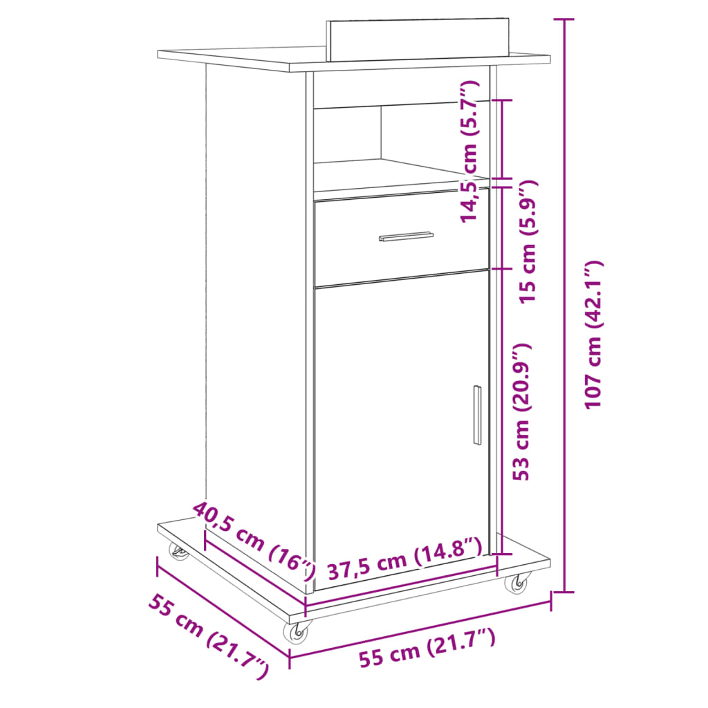 vidaXL Lectern with Wheels & Drawer Black 55x55x107 cm Engineered Wood