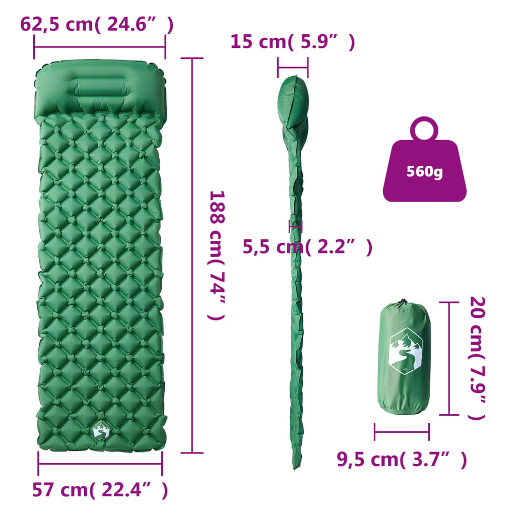 vidaXL Inflating Camping Mattress with Pillow 1-Person Green