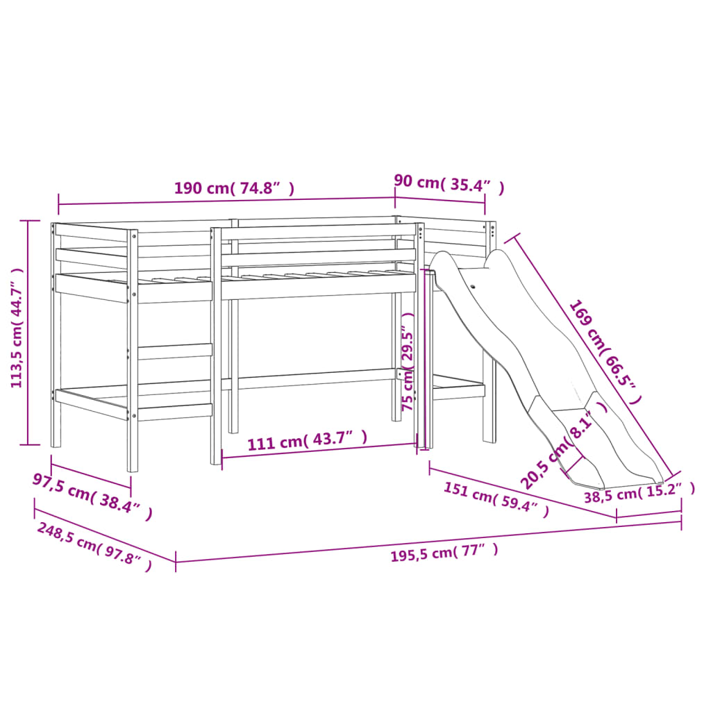 vidaXL Kids' Loft Bed with Curtains without Mattress Pink 90x190 cm Single