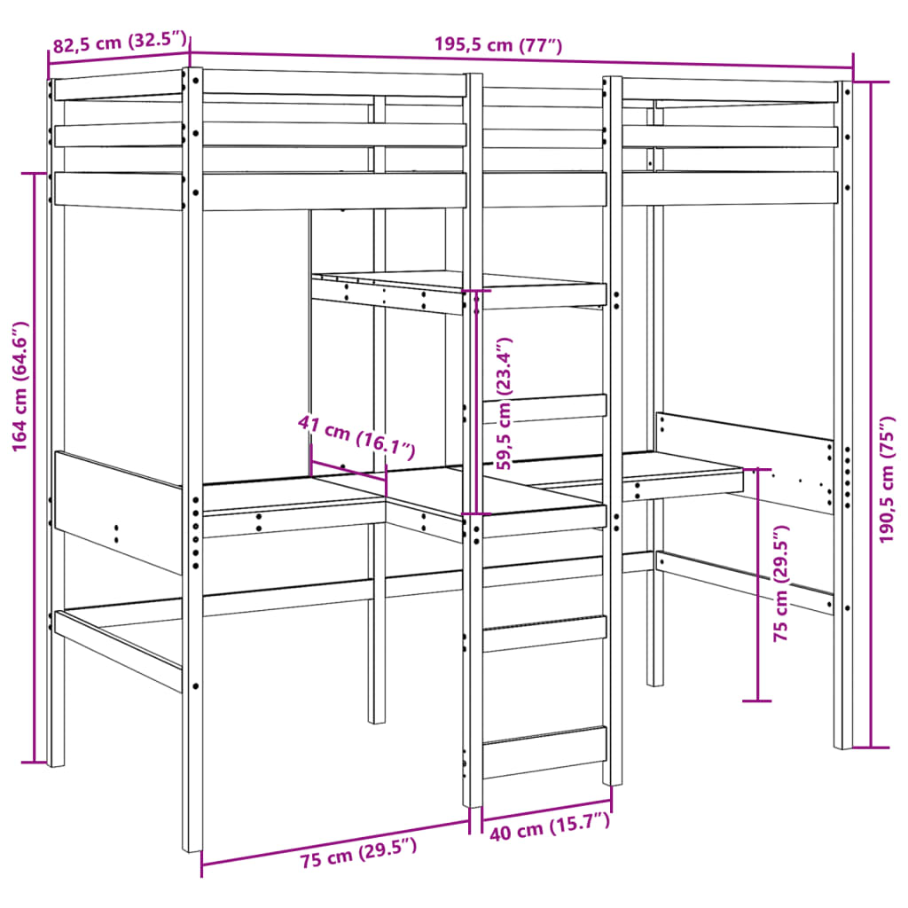 vidaXL Loft Bed Frame without Mattress 75x190cm Solid Wood Pine