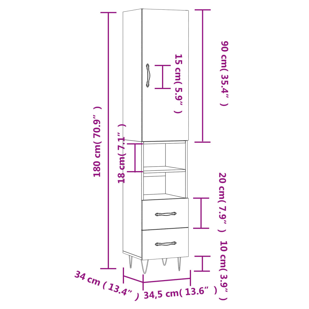 vidaXL Highboard Grey Sonoma 34.5x34x180 cm Engineered Wood