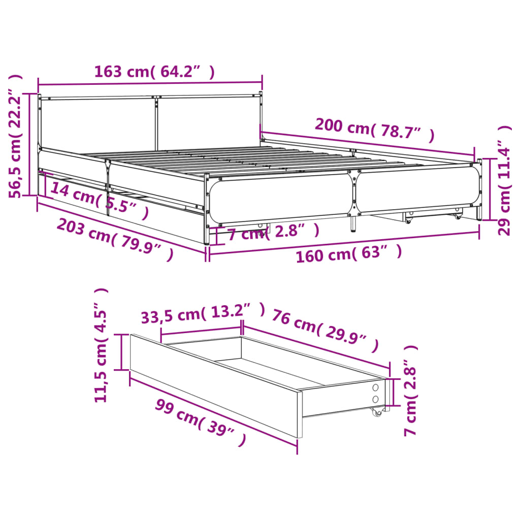 vidaXL Bed Frame with Drawers without Mattress Sonoma Oak 160x200 cm