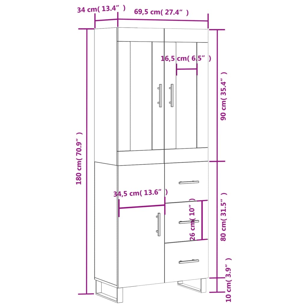 vidaXL Highboard Concrete Grey 69.5x34x180 cm Engineered Wood