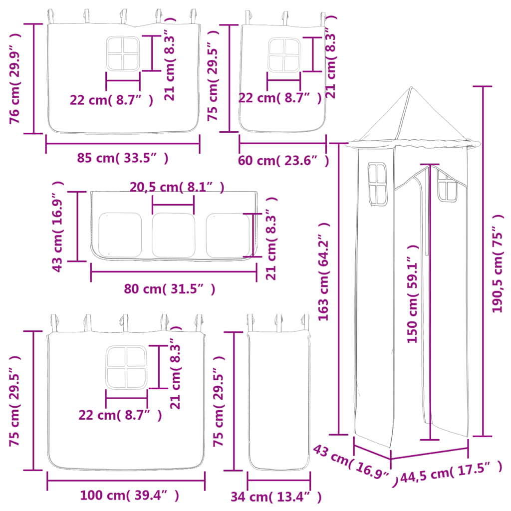 vidaXL Kids' Loft Bed with Tower without Mattress Pink 90x200 cm